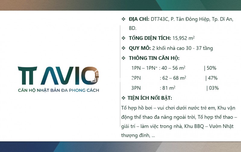 Căn hộ TT AVIO giá chỉ từ 1,23 tỷ căn hộ Nhật Bản ngay Vincom Dĩ An, Ngã tư 550 thành phố Dĩ An