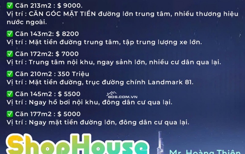 Thuê Shophouse 2 tầng Vinhomes Central Park, Tháng 10.2024 hơn 150m: 112 triệu.LH: 0373917147