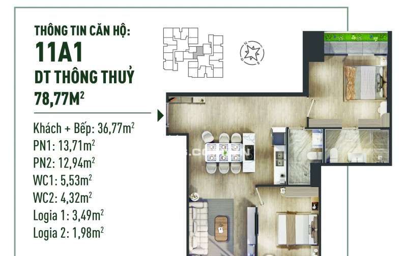 Bán căn hộ 2PN 2WC rộng 78m2 tại The Fibonan, đơn giá 55tr/m2