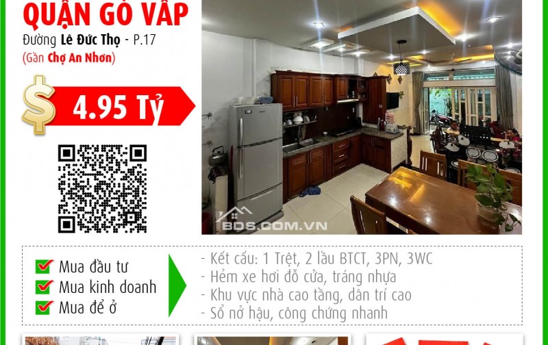 Bán gấp nhà 3 tầng, 3PN, HXH Lê Đức Thọ - Gò Vấp, hẻm xe hơi, giá 4.95 tỷ