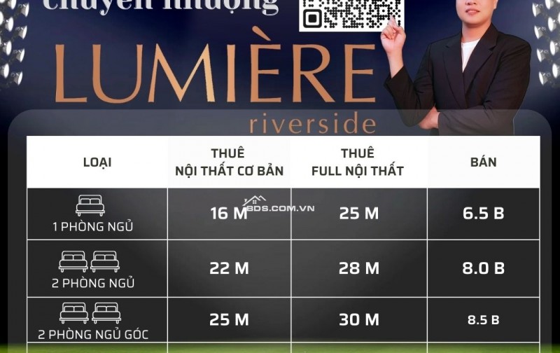 Cho thuê căn hộ Lumiere Riverside 3PN 93m², Full Nội thất, Tầng cao View đẹp, giá 40 tr/th