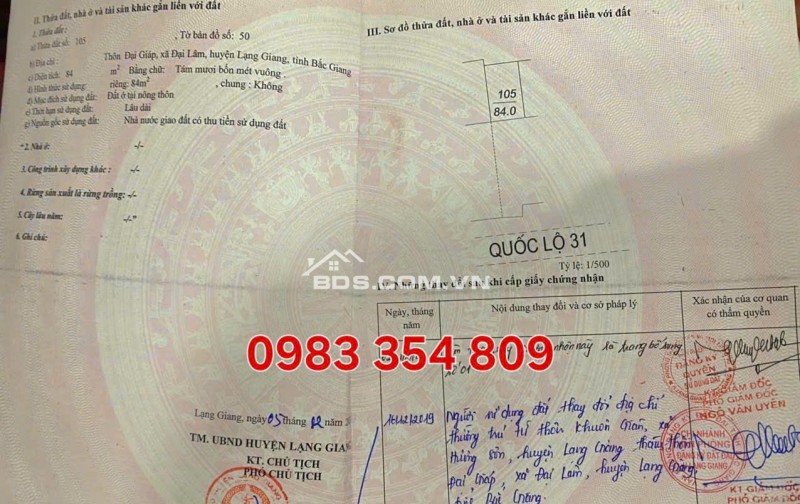 CC bán lô đất mặt tiền 10m hướng Đông Nam Quốc Lộ 31, Lạng Giang, Bắc Giang