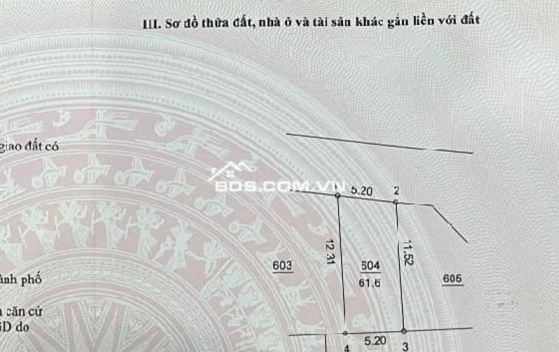 CẦN TIỀN NÊN BÁN GẤP LÔ ĐẤT, S= 61.6m2, MT: 5.2m, sẵn sổ.Giá hết hơi : 1.9x tỷ