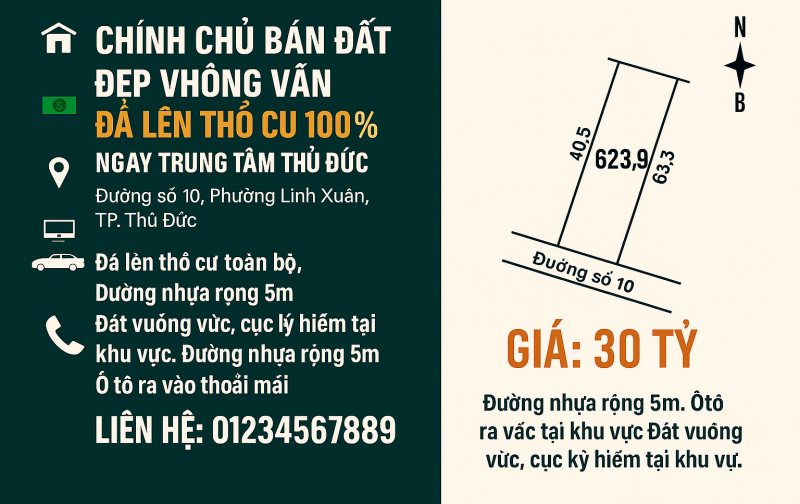 BÁN ĐẤT 623.9m² thổ cư 100% Đường số 10, P. Linh Xuân, TP. Thủ Đức
