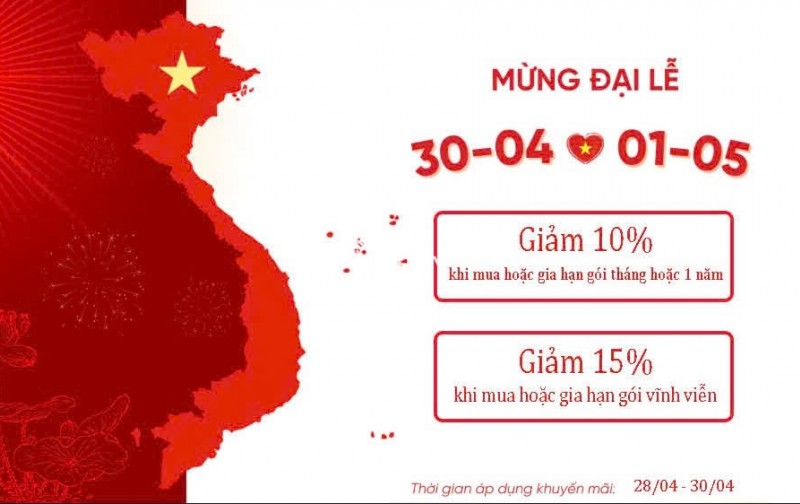 Mừng đại lễ 30/4 bên e có chương trình khuyến mãi cho quý khách hàng các gói gia hạn và cài mới