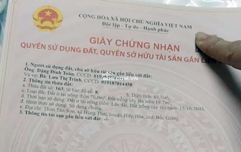 Chính chủ bán 89.7m2 tại Thôn Tân Sơn, xã Hùng Thái, huyện Hiệp Hòa, tỉnh Bắc Giang