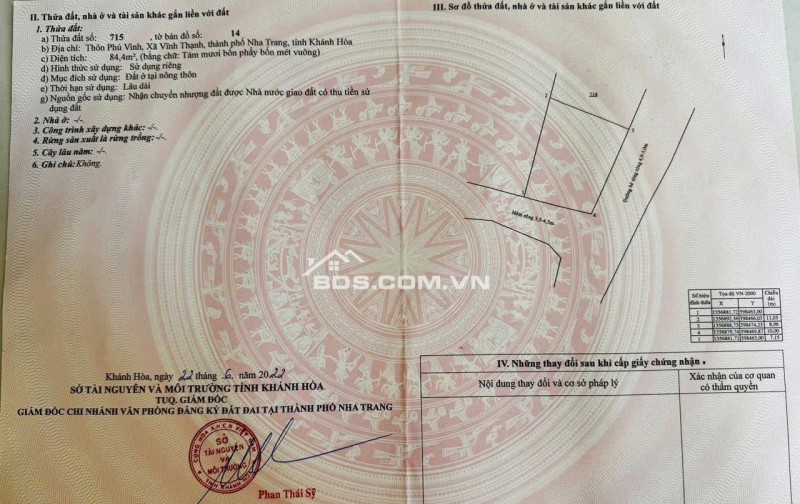 Bán lô góc tại xã Vĩnh Thạnh, Nha Trang . Giá : 2 tỷ 190 triệu