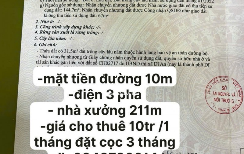 Cho thuê nhà xưởng 211m2 mặt tiền đường Trần Quang Diệu Dĩ An BD