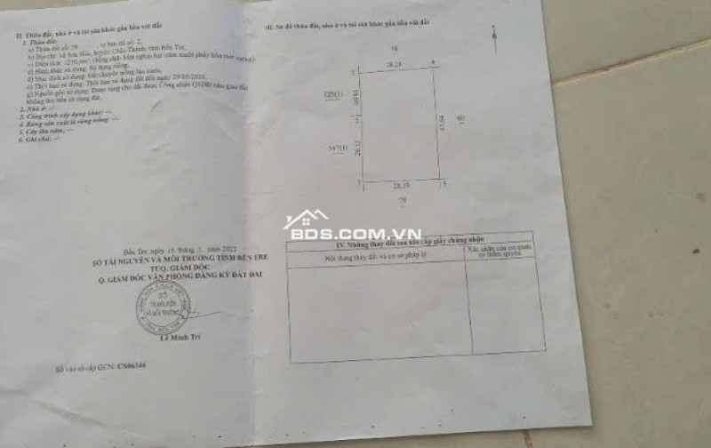 Chính chủ bán lô đất 1803.5 m2, 900k/m2 tại xã Sơn Hòa, Châu Thành, Bến Tre