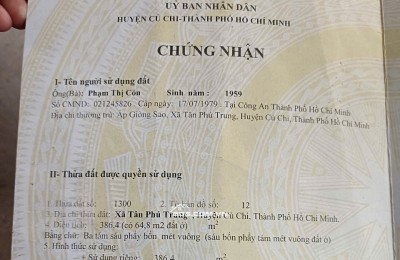 Bán lô đất 1/ đường Nguyễn Thị Lắng, Tân Phú Trung, Củ Chi, 386m2, 3,5 tỷ.