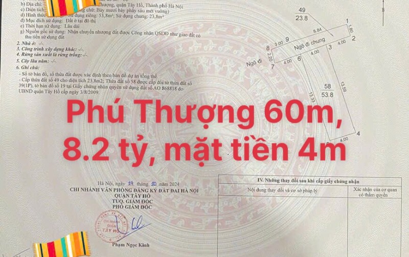 Bán đất Diện tích 60m, mặt tiền 4m, tại Phú Thượng, Tây Hồ, Hà Nội