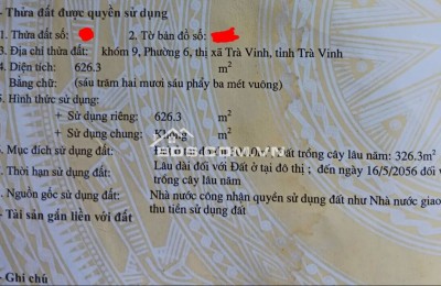  Bán Đất  626m² Trung Tâm Trà Vinh–Mặt Tiền 27m–Phân được 5 lô–Giá Chỉ 16 Triệu/m²