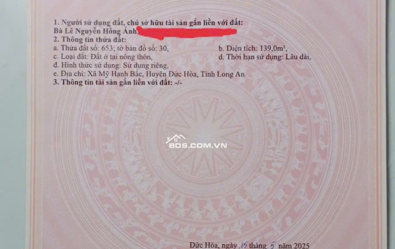 Bán 139m2 Đất Chính Chủ, Full Thổ Cư Tại Xã Mỹ Hạnh Bắc, Huyện Đức Hòa, Long An