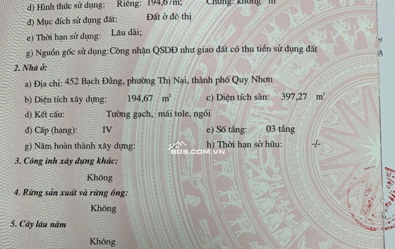 CHÍNH CHỦ BÁN NHÀ MẶT TIỀN 3 TẦNG, NGAY TTTP QUY NHƠN – 194,67M2 CHỈ 20 TỶ, LH:0983729758.