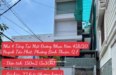 Chính Chủ Bán Nhà 4 Tầng Tại Mặt Đường Nhựa Hẻm 458/20 Huỳnh Tấn Phát, Phường Bình Thuận, Q.7, HCM