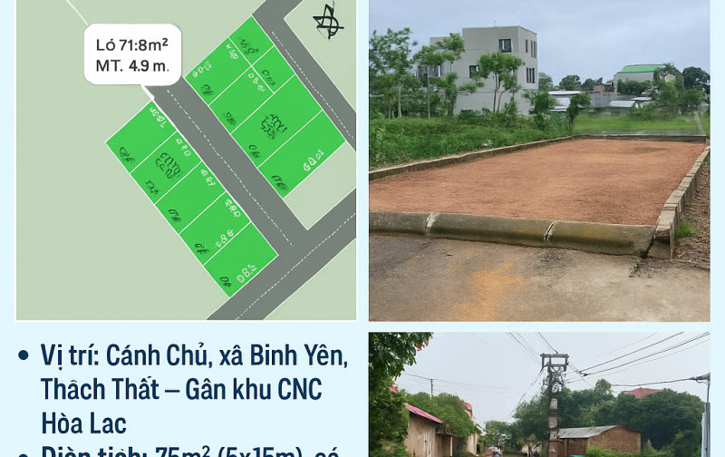 75m2 trục chính Cánh Chủ - Hạ Bằng (Bình Yên - Thạch Thất cũ), chỉ nhỉnh 2 tỷ, lh 0946377868 Hoàng Thương land
