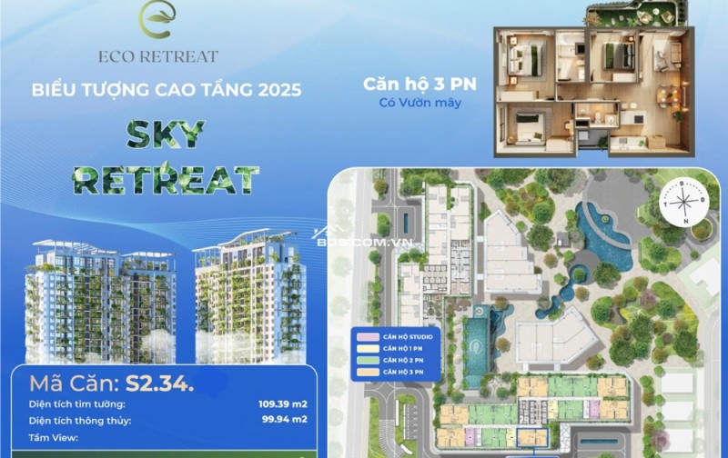 Căn hộ 3PN giá gốc Sky Retreat Eco Retreat giá tốt 4,3 tỷ (gồm VAT+KPBT), có vườn mây
