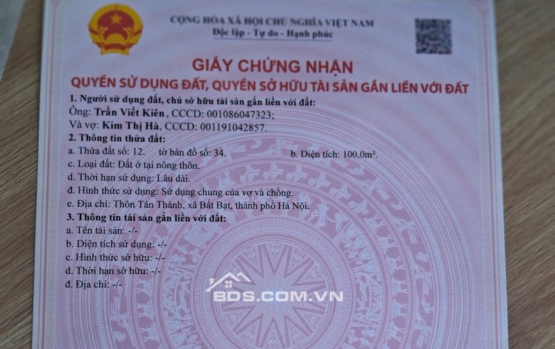 Chính chú bán lô đất nền 100m2 sổ đỏ chính chủ full thổ cư suối hai - ba vì - hà nội . giá 1,35ty có thương lượng