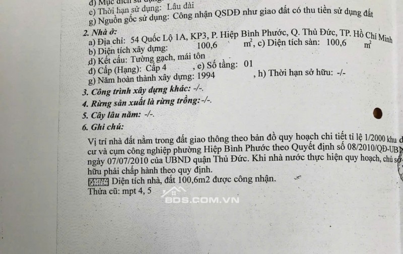 BÁN NHÀ MẶT TIỀN QL1A, HIỆP BÌNH PHƯỚC, DT 100,6M2, SHR, CHỈ 4.9 TỶ. LH:0765659378.
