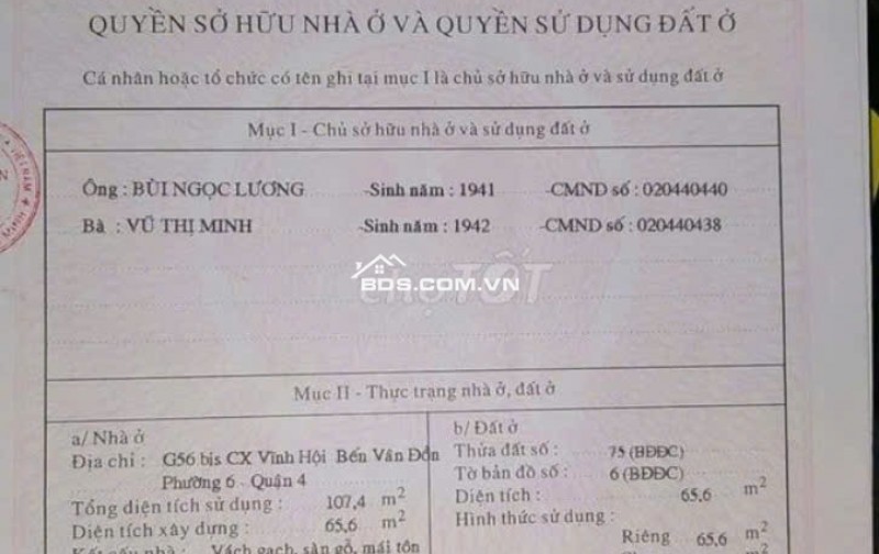 Bán nhà mặt tiền góc chữ L G56 Cư Xá Vĩnh Hội P6 Quận 4