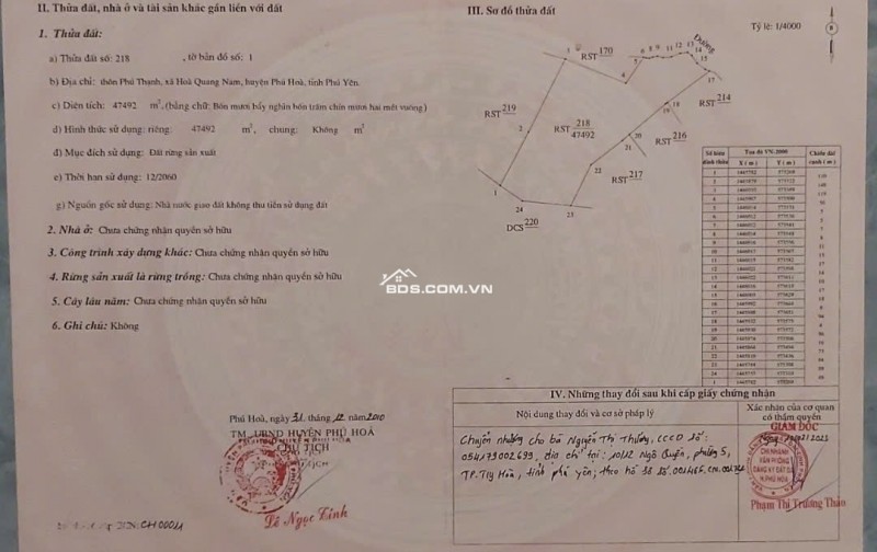 Cần Bán 5,1ha Đất Thôn Phú Thạnh, Xã Hòa Quang Nam, Huyện Phú Hòa, Tỉnh Phú Yên (nay thuộc Đắk Lắk)