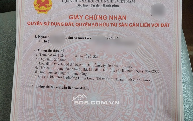 Chính chủ bán đất gần trung tâm Chơn Thành, sổ sẵn, xây dựng tự do