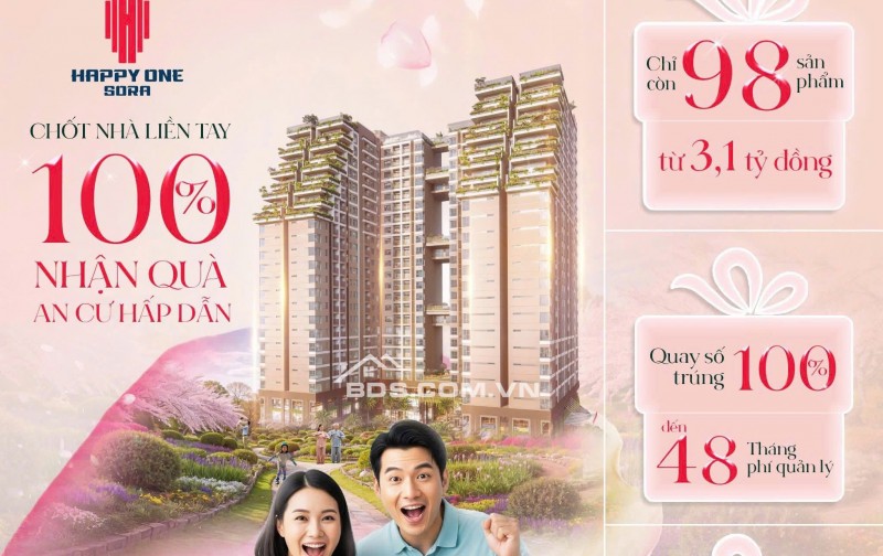 MỞ BÁN CĂN HỘ HAPPY ONE SORA THỦ ĐỨC, NỘI THẤT CAO CẤP, DT 69M2, CHỈ TỪ 3.2 TỶ. LH:0987225871.