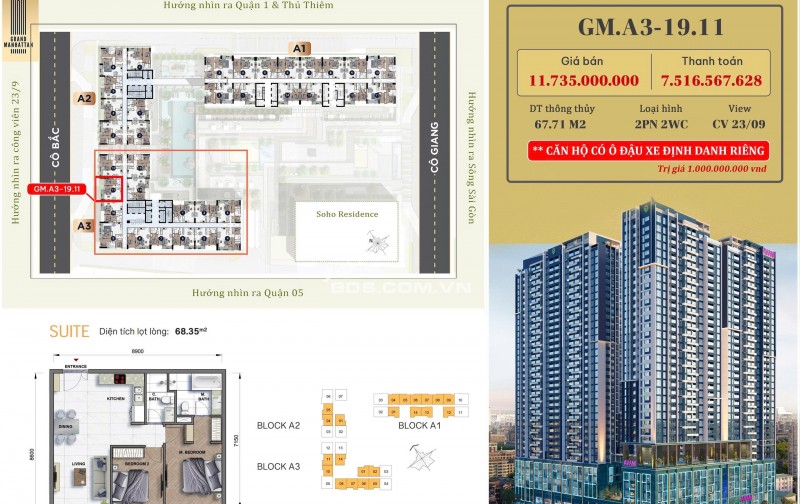  SIÊU PHẨM CĂN HỘ CAO CẤP TRUNG TÂM QUẬN 1 – THE GRAND MANHATTAN    Căn hộ GM.A3-19.11 – Sở hữu chỗ đậu xe ô tô định danh RIÊNG (trị giá 1 tỷ đồng)