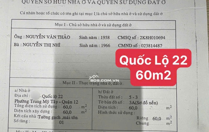 Bán nhà 60m2 mặt tiền Quốc Lộ 22 , Phường Trung Mỹ Tây Q12