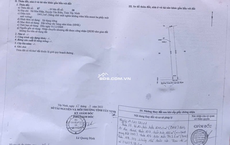 Chính Chủ Bán 1043,1m2 Đất Mặt Tiền Đường Trung Tâm Cụm Xã Nhựa Tại Hoà Hiệp, Tân Biên