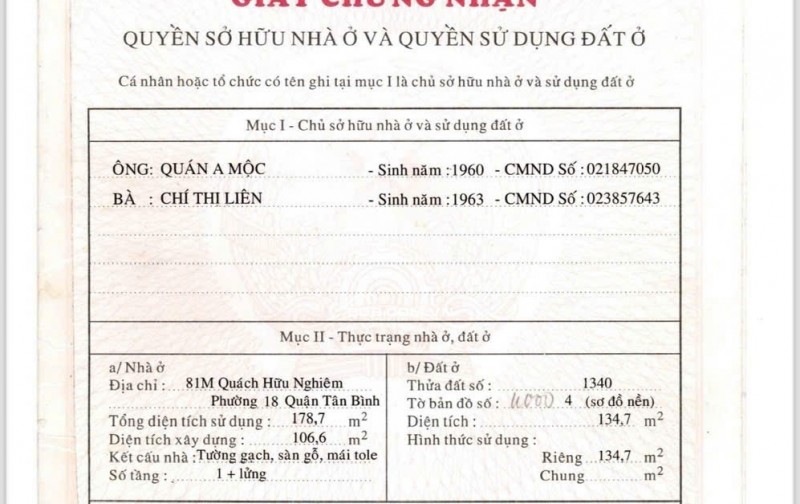 Bán nhà mặt tiền 3 lầu 5PN số 22 Quách Hữu Nghiêm Q.Tân Phú