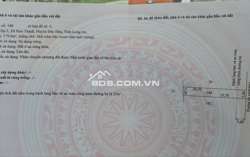 Chính Chủ 179m2 Đất Tại Ấp 2, Xã Hữu Thạnh, Huyện Đức Hoà, Long An. Full Thổ Cư.