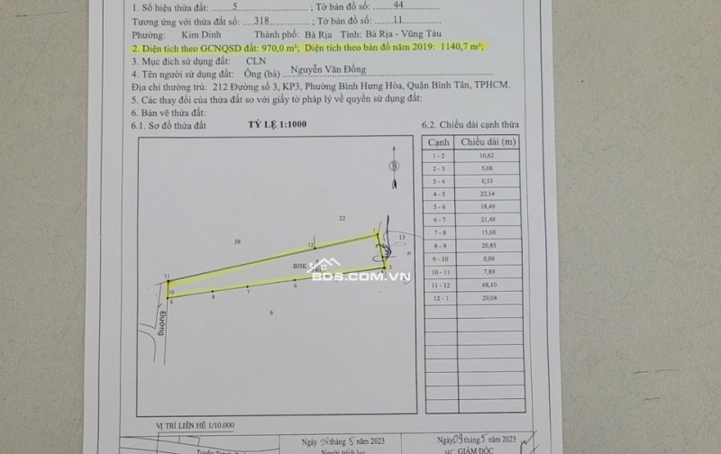 CHÍNH CHỦ CẦN BÁN GẤP LÔ ĐẤT KIM DINH BÀ RỊA TP HCM