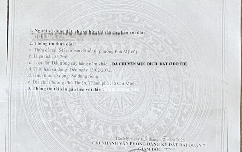 QUẬN 7 BÁN ĐẤT THỔ CƯ CHÍNH CHỦ HẺM 1549 HUỲNH TẤN PHÁT GIÁ TỐT