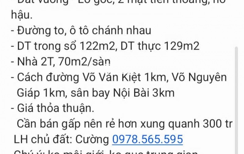 Đất mặt đường to, 2 mặt tiền tại Thuỵ Hà, Bắc Hồng (Phúc Thịnh), Đông Anh
