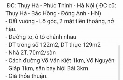 Đất mặt đường to, 2 mặt tiền tại Thuỵ Hà, Bắc Hồng (Phúc Thịnh), Đông Anh