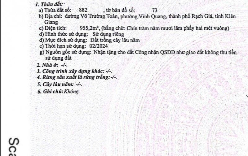 Chính chủ bán lô đất mặt tiền đường Võ Trường Toản, P. Vĩnh Quang, Rạch Giá
