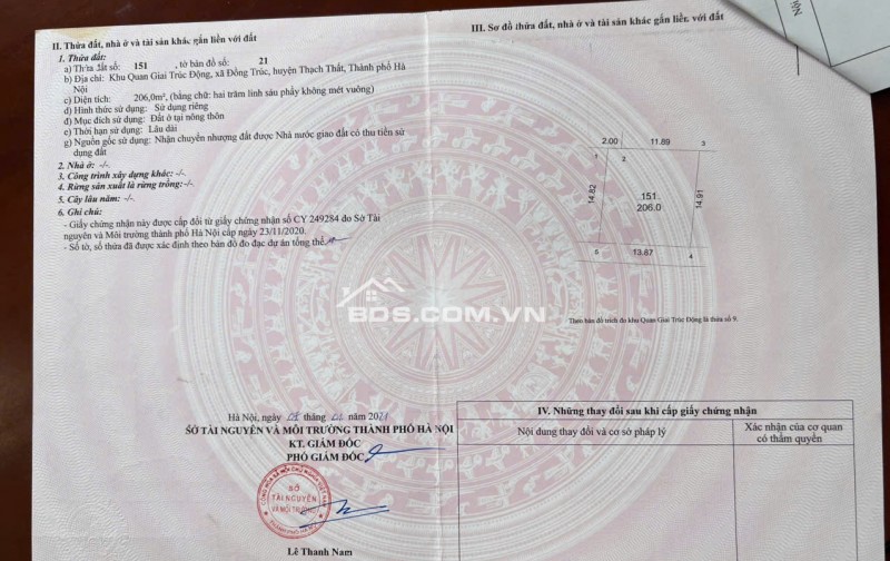 Bán đất tại xã Đồng Trúc, huyện Thạch Thất, Hà Nội – Diện tích 206m² – Giá thương lượng