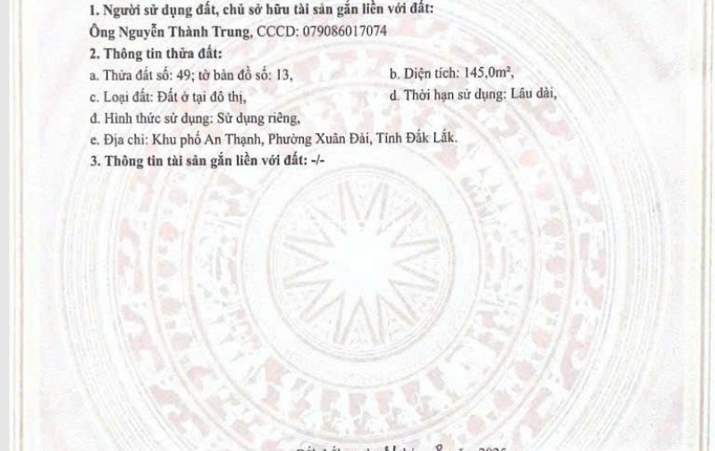 BÁN ĐẤT TẠI SÔNG CẦU PHÚ YÊN, DT 145M2 SHR 1.35 TỶ. LH: 0942908536