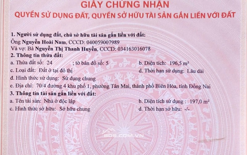 Chính chủ bán Nhà Lô Góc 2 Mặt Tiền Đường Trương Định, Tân Mai, TP Biên Hòa, Tỉnh Đồng Nai