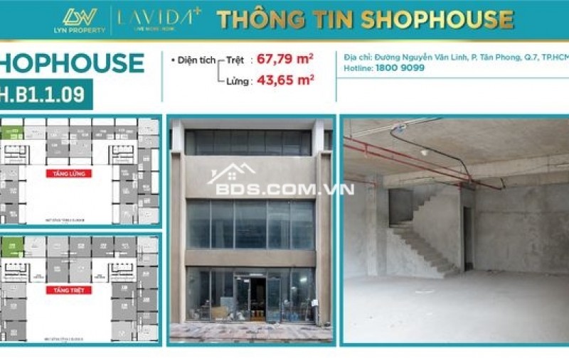 Cho thuê shophouse căn hộ Lavida Plus Quận 7. DT 98m2: 47tr. 110m2: 63,5tr. 140m2: 67tr/tháng