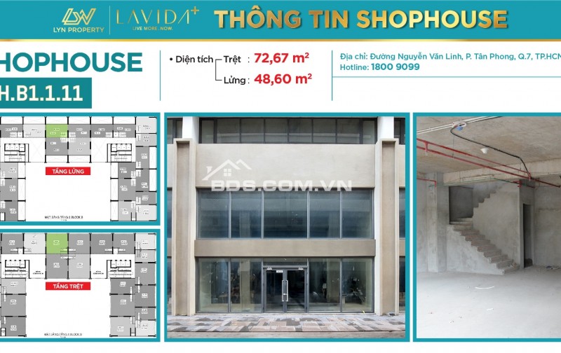 Cho thuê shophouse căn hộ Lavida Plus Quận 7. DT 98m2: 47tr. 110m2: 63,5tr. 140m2: 67tr/tháng