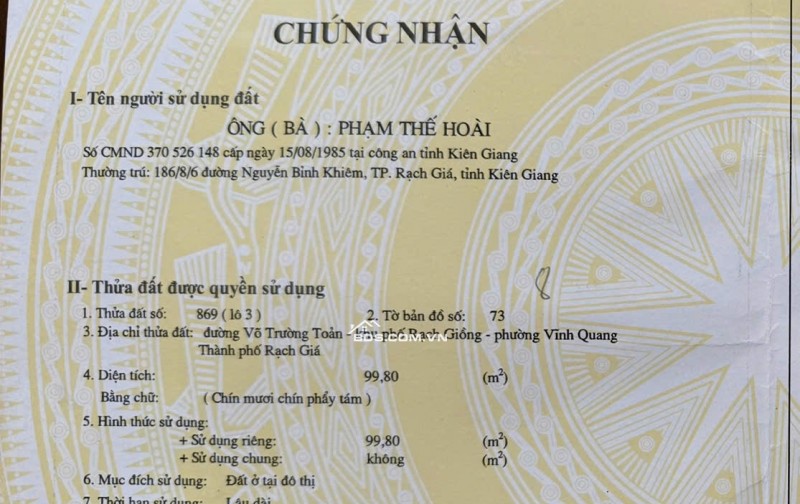 CẦN BÁN LÔ ĐẤT THỔ CƯ TẠI RẠCH GIÁ - KIÊN GIANG, SỔ HỒNG RIÊNG, GIÁ 650 TRIỆU