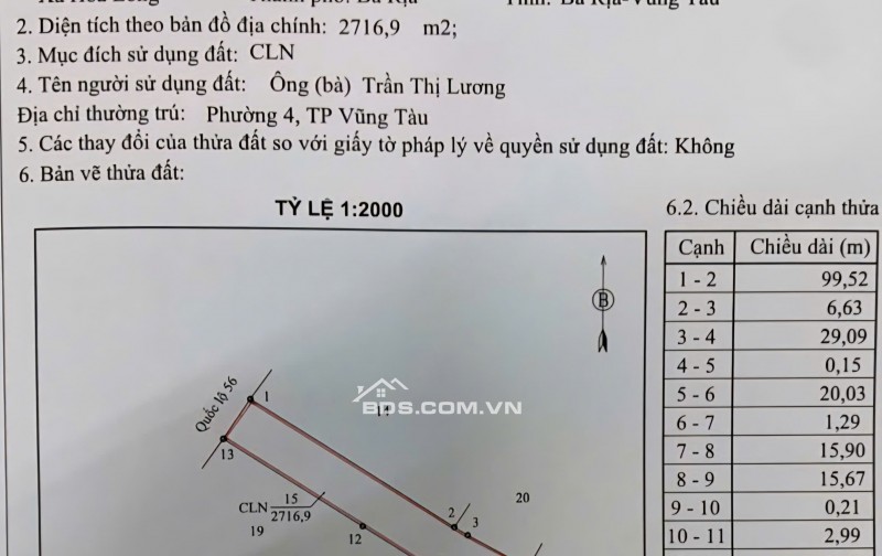 BÁN 2716M ĐẤT MẶT TIỀN QUỐC LỘ 56 XÃ HÒA LONG BRVT GIÁ 28 TỶ. LH:0937652763.