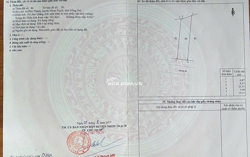 CHÍNH CHỦ BÁN ĐẤT TẠI NHƠN TRẠCH, DT 101.6 M2 (2MT, THỔ CƯ 100%) SHR 3 TỶ. LH:0945589090.