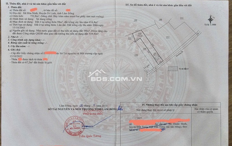 Hoà Ninh, 752,8m2(98m2 thổ cư), 2ty2(220tr 1m ngang)