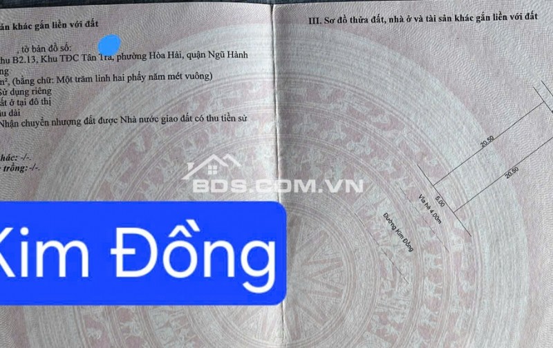 Bán đất mặt tiền đường 7,5m KIM ĐỒNG - gần bãi tắm Tân Trà