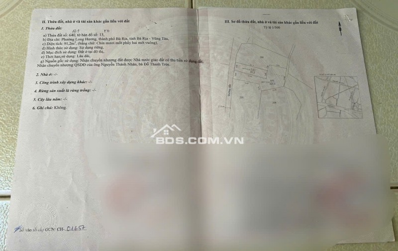 Bán 91,2m2 Đất Thổ Cư Chính Chủ Ngay Trung Tâm Phường Long Hương, TP. Bà Rịa, Bà Rịa Vũng Tàu.