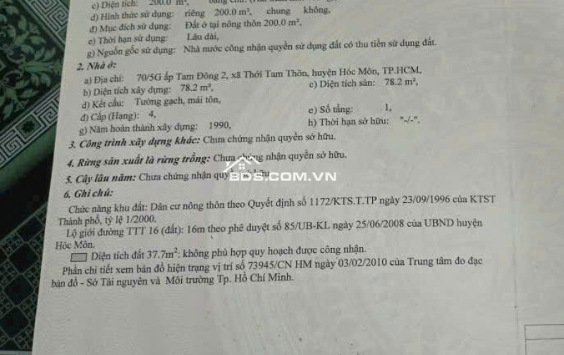 Bán nhà và đất 200m2 mặt tiền đường lớn xã Thới Tam Thôn Hóc Môn