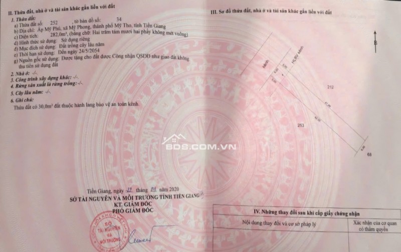 MẶT TIỀN kênh đường Tỉnh 879B. Lô đất CLN gần 300m2. Gần Trường Lê Văn Nghề, Mỹ Phong.